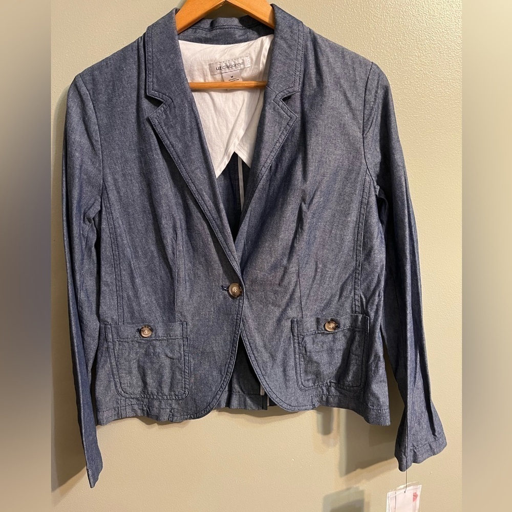 Liz Claiborne Womens Cotton Chambray Blue Lightweight Blazer Size M NWT